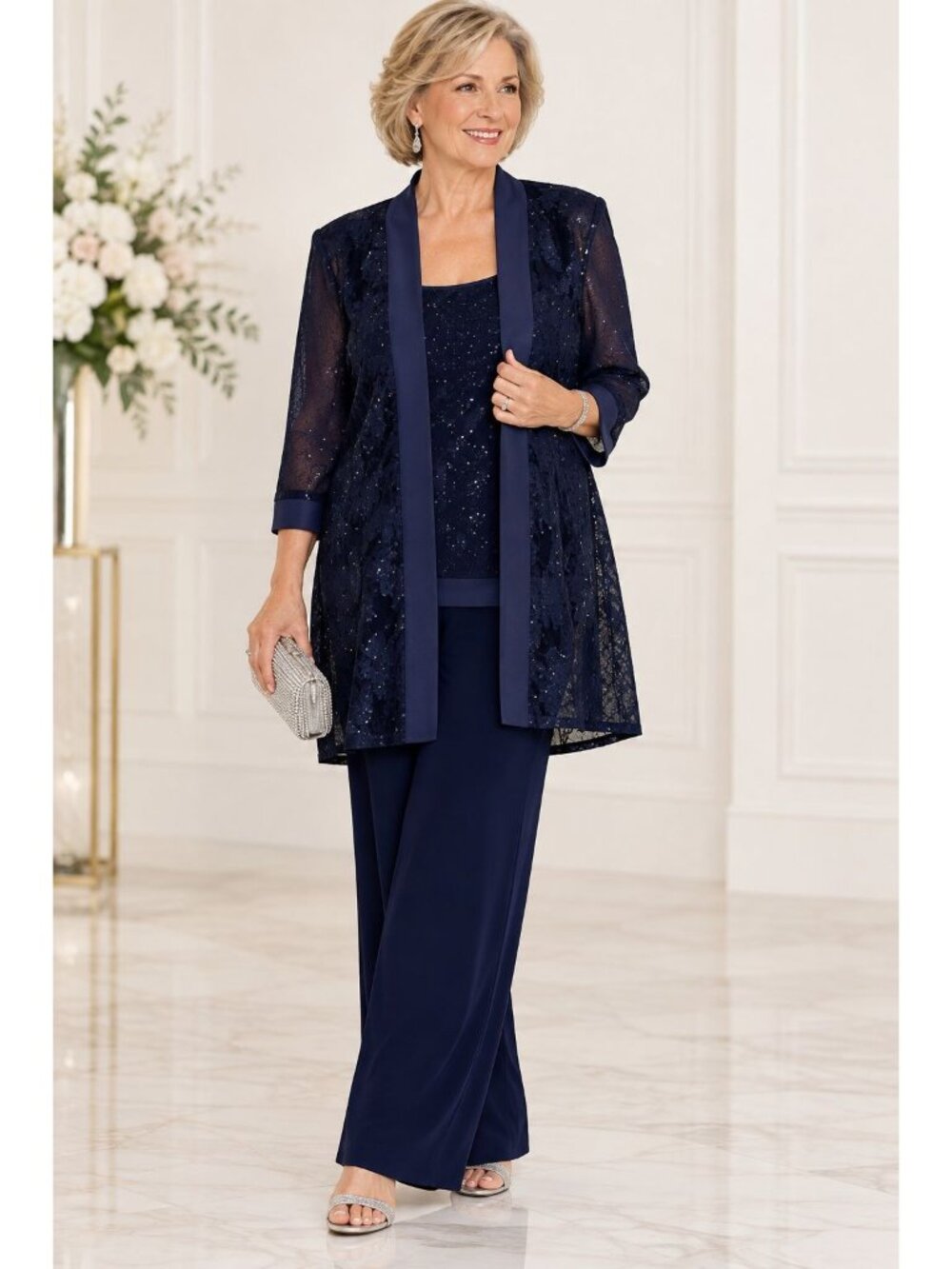 Pantsuit Formal NWT Navy Sequin Lace Evening Oleg Cassini 3pc Set Women Size 16 - Picture 4 of 16
